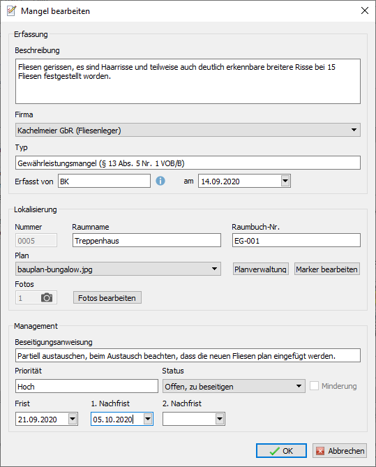 Screenshot des Erfassungsdialogs im Mängelmanager